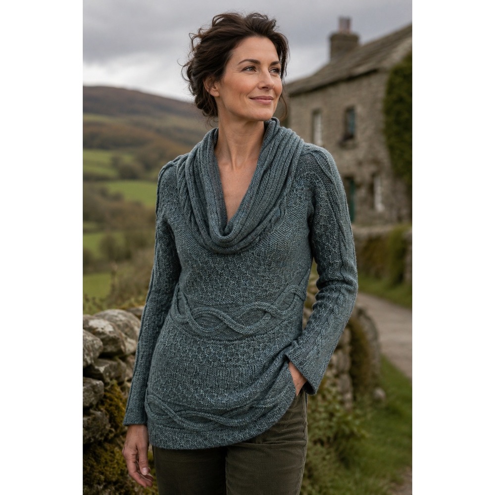 Alpima 100% Alpaca Sweater S Small‎ Green Cowl Neck Cable Knit Chunky